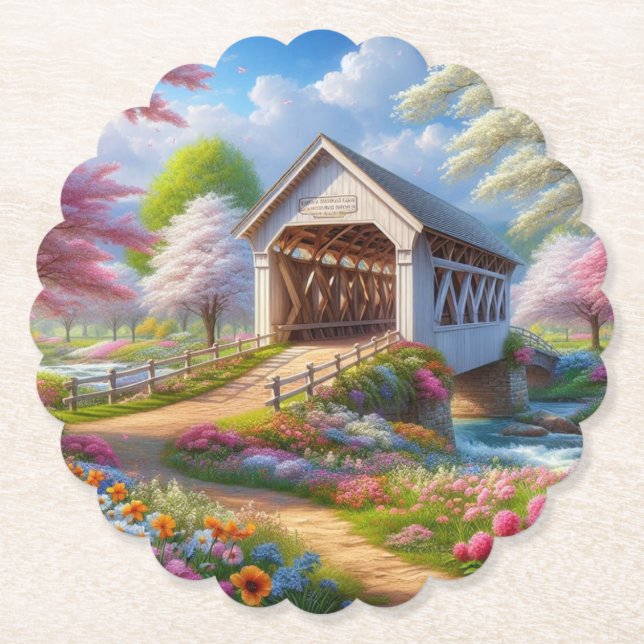 Farbige Feder/blumenüberdachte Brücke & Fluss Untersetzer (Vorderseite)