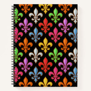 Farbige, fette Fleur-de-lis-Blumen Schwarz Notizbuch