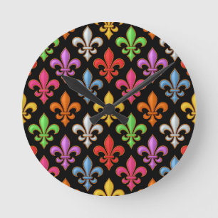 Farbige, fette Fleur-de-lis-Blumen Schwarz Runde Wanduhr