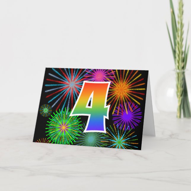 Farbige Feuerwerke + Regenbogenmuster "4" Ereignis Karte (Vorderseite)