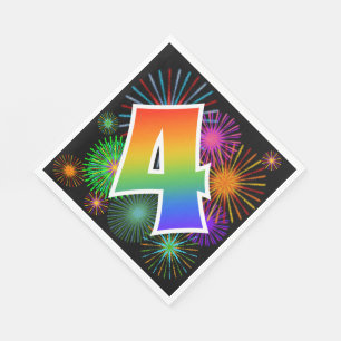Farbige Feuerwerke + Regenbogenmuster "4" Ereignis Serviette