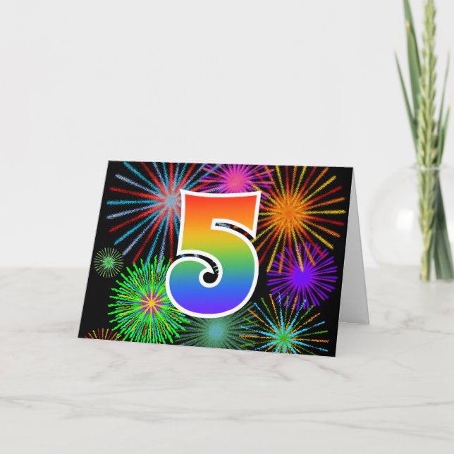 Farbige Feuerwerke + Regenbogenmuster "5" Ereignis Karte (Vorderseite)