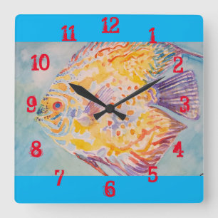 Farbige Fisch Wasserfarbe Kinder Jungen Kinderzimm Quadratische Wanduhr