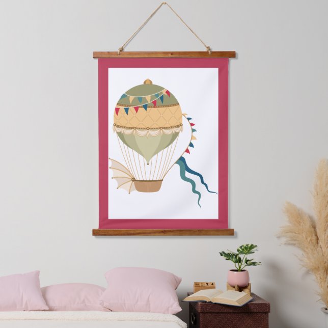 Farbige Flags Grüner Steampunk Heißluftballon Wandteppich Mit Holzrahmen (Schlafzimmer)