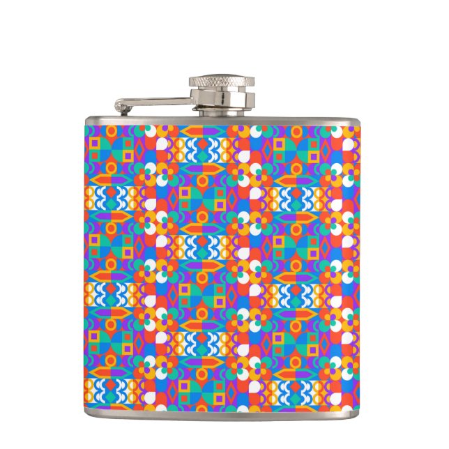 Farbige Flasche mit einem lebendigen geometrischen Flachmann (Vorderseite)