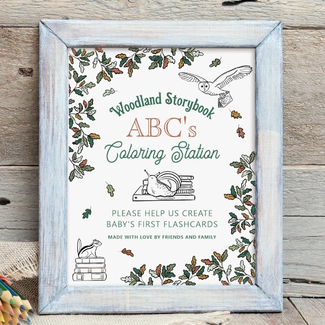 Farbige Flashcards Aktivität Baby Duschsignatur Poster (Woodland Storybook ABCs Coloring Station - Baby Shower Activity. All letters available in collection)