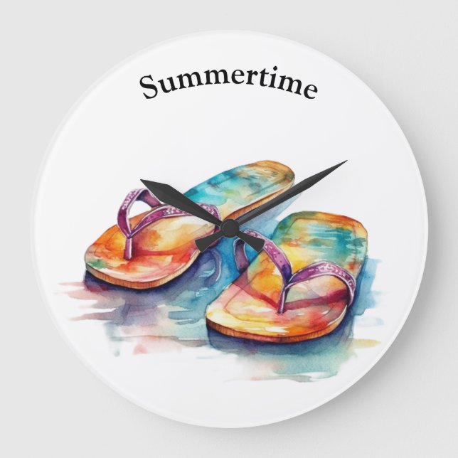 farbige Flip Flops Aquarell anpassbar Große Wanduhr (Vorderseite)