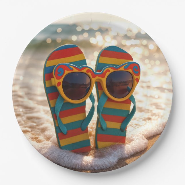Farbige Flip-Flops mit lustigen Streifen und funky Pappteller (Vorderseite)