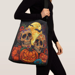 Farbige florale Calavera-Zuckerschädel, Halloween Tragetaschen Mit Langen Trägern