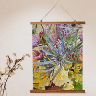 Farbige florale Distel und Blumen Botanik Wandteppich Mit Holzrahmen