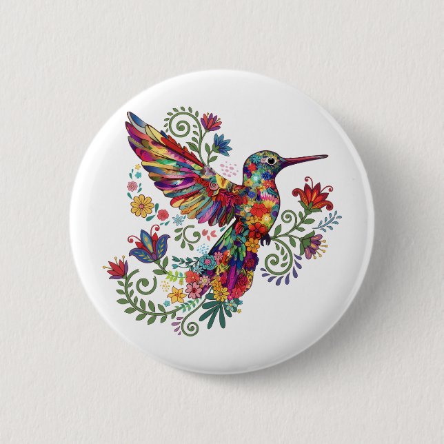 Farbige florale Kolibri-Wasserfarbenkunst  Button (Vorderseite)