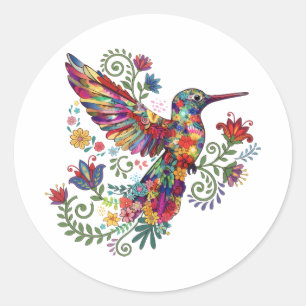 Farbige florale Kolibri-Wasserfarbenkunst  Runder Aufkleber
