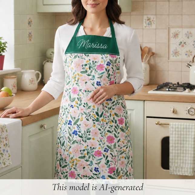 Farbige Florale Personalisierte  Schürze (elegant colorful floral apron with monogram name in script, personalized gift for foodies and chefs )