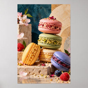 Farbige französische Macarons mit Blumen und Beere Poster