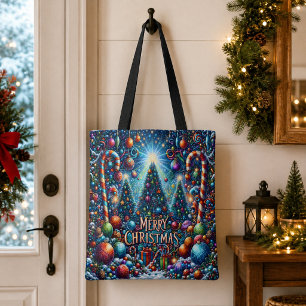 Farbige Frohe Weihnachten Dekorierte Bäume Tasche