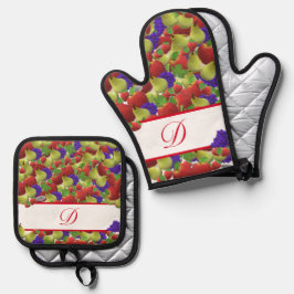 Farbige Fruchtmonogramm Polka-Dot Oven Mitt & Pot Ofenhandschuh & Topflappen-Set
