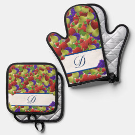 Farbige Fruchtmonogramm Polka-Dot Oven Mitt & Pot Ofenhandschuh & Topflappen-Set
