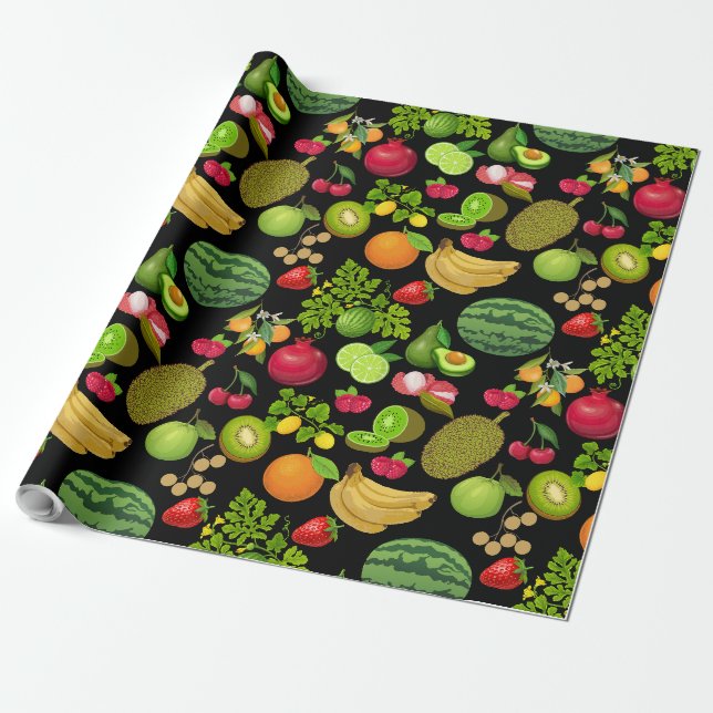 Farbige Fruchtmuster 01.b Schwarze BG Geschenkpapier (Ungerollt)