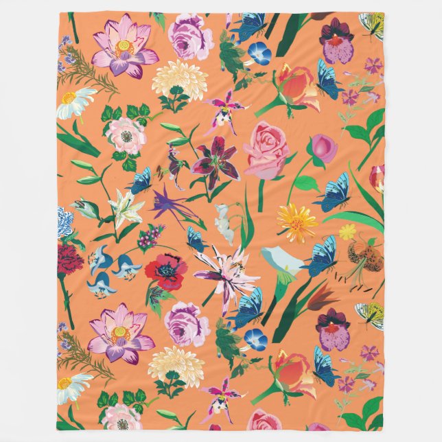 Farbige Frühlingsblumen Orange Hintergrund Fleecedecke (Vorderseite)
