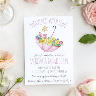 Farbige Frühlingsblumen und Regenschirm-Baby-Party Einladung