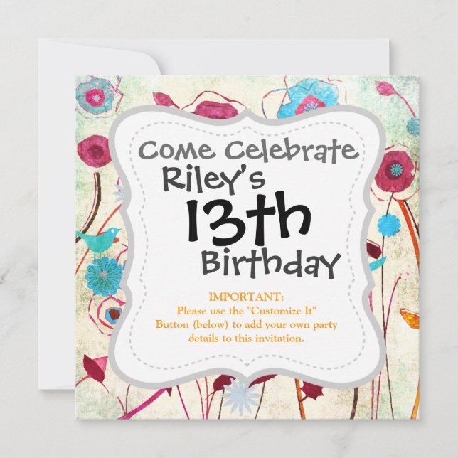 Farbige Frühlingsblumen Vögel Mulberry Blue Orange Einladung (Vorderseite)