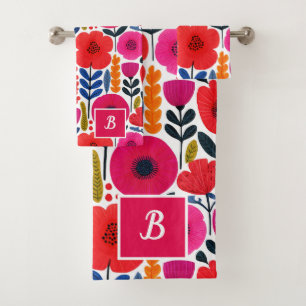 Farbige Frühlingsblumen Wasserfarbe BOHO Monogramm Badhandtuch Set