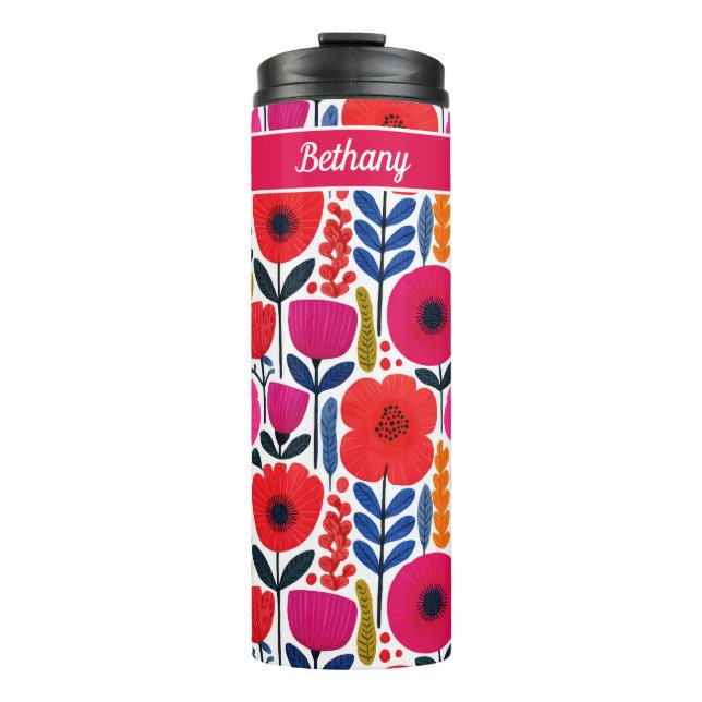 Farbige Frühlingsblumen Wasserfarbe BOHO Name Thermosbecher (Vorderseite)