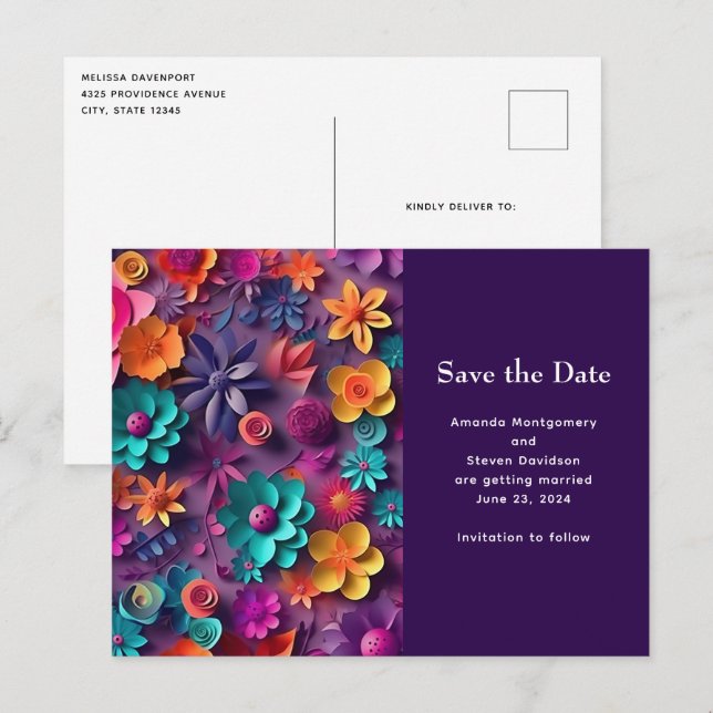Farbige Frühlingsblumenmuster Save the Date Einladungspostkarte (Vorne/Hinten)