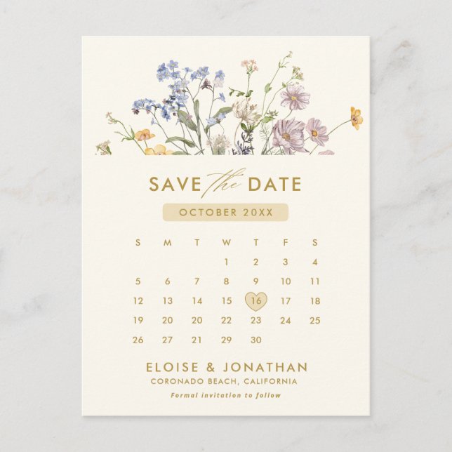 Farbige Frühlingserie Wildblume Save the Date Gold Postkarte (Vorderseite)