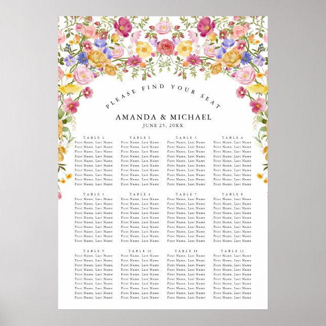 Farbige Frühlingssitzkarte für die Hochzeitssitze  Poster (Vorne)