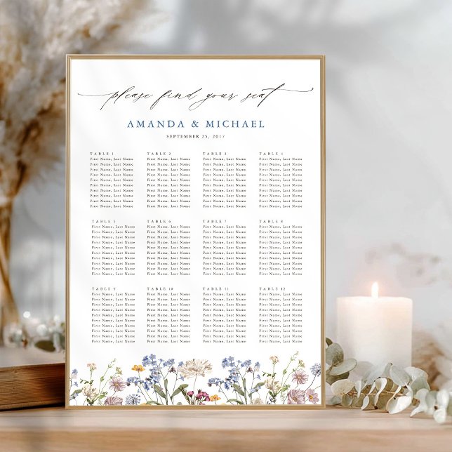 Farbige Frühlingssitzkarte für die Hochzeitssitze  Poster (Colorful Spring Wildflower garden Wedding downloadable Seating Chart poster )
