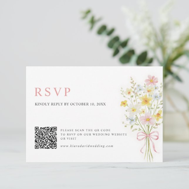 Farbige Frühlingswiesen-Hochzeit QR-Code  RSVP Karte (Stehend Vorderseite)