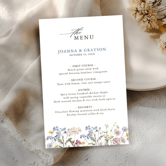 Farbige Frühlingswiesen-Hochzeitsmenü mit Wildblum (Colorful Spring Wildflower Meadow Wedding Menu)