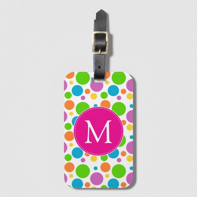 Farbige Fun Rainbow Dots Rosa Monogramm Gepäckanhänger (Vorderseite Vertikal)