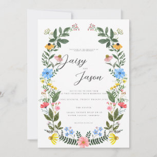 Farbige Gartenbogen-Hochzeit mit Wildblumen Einladung