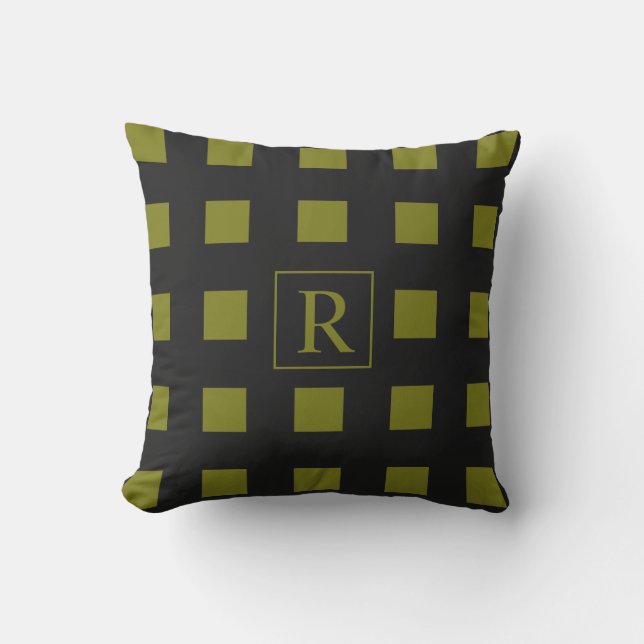 Farbige gelbe Quadrate Muster Monogramme Schwarz Kissen (Vorderseite)