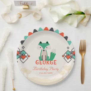 Farbige geometrische Formen und Fox zum Geburtstag Pappteller