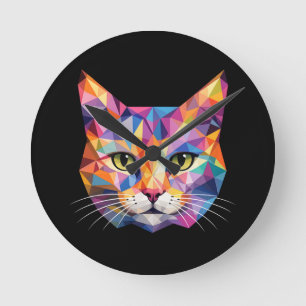 Farbige geometrische Katzen-Gesicht Low-Poly-Dreie Runde Wanduhr