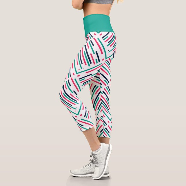 Farbige geometrische Linien Blau Pink Aquamarin Capri Leggings (Links)