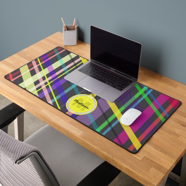Farbige geometrische Retro-Linien Muster Monogramm Schreibtischunterlage (Büro 2)