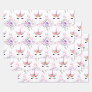 Farbige Gesichter mit violetten Blumen auf Weiß Geschenkpapier Set