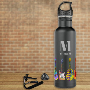 Farbige Gitarren-Muster auf Schwarz mit Namen Edelstahlflasche