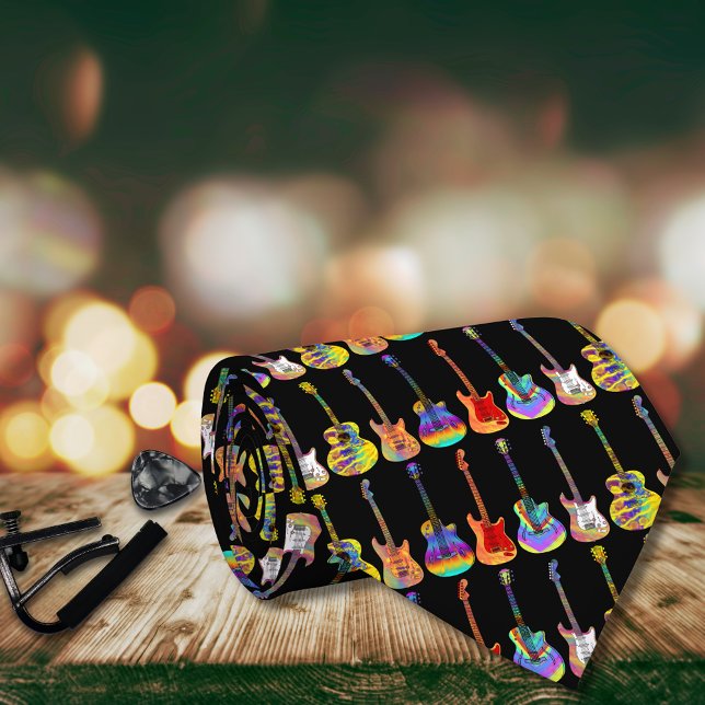 Farbige Gitarren-Wasserfarbenmuster Krawatte (Colorful guitar pattern black tie for guitarists, musicians, guitar teachers and music lovers)