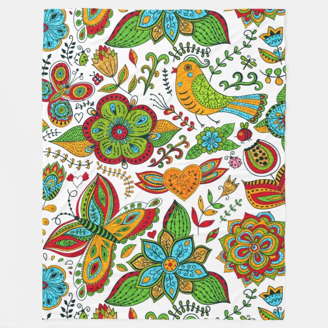 Farbige Glitterie Retro Blume Butterflies & Bird Fleecedecke (Vorderseite)