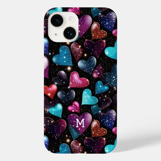 Farbige Glittery Hearts Muster Monogram Case-Mate iPhone 14 Hülle (Rückseite)