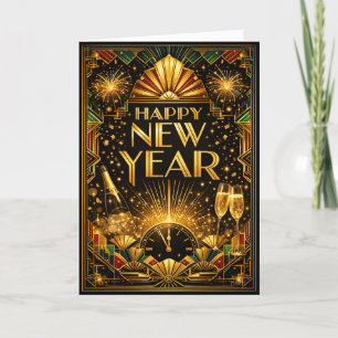 Farbige Gold Art Deco Frohes Neues Jahr Feiertagskarte