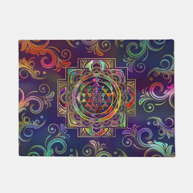 Farbige Gold gerahmt Sri Yantra Sri Chakra Fußmatte (Vorderseite)