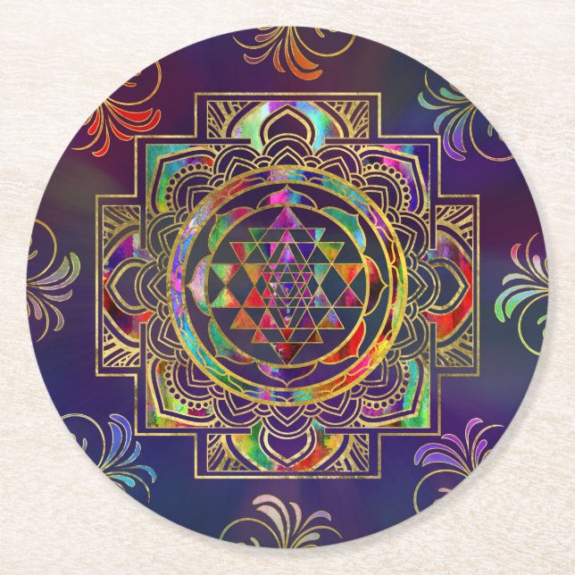 Farbige Gold gerahmt Sri Yantra Sri Chakra Runder Pappuntersetzer (Vorderseite)