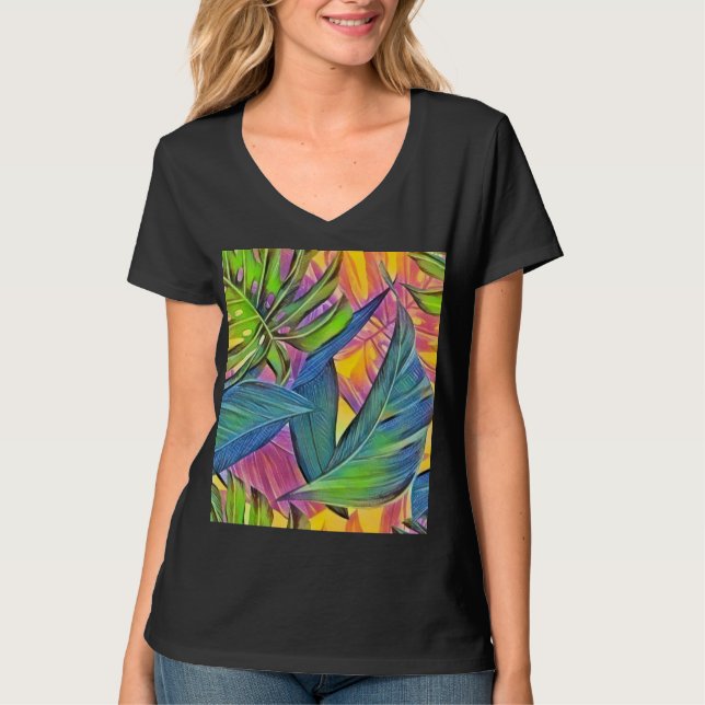 Farbige große tropische Blätter Aquarellmalerei T-Shirt (Vorderseite)