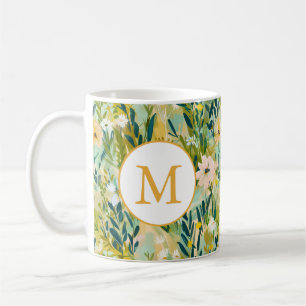 Farbige grüne Blumen-Wasserfarbenmuster-Monogramm Kaffeetasse